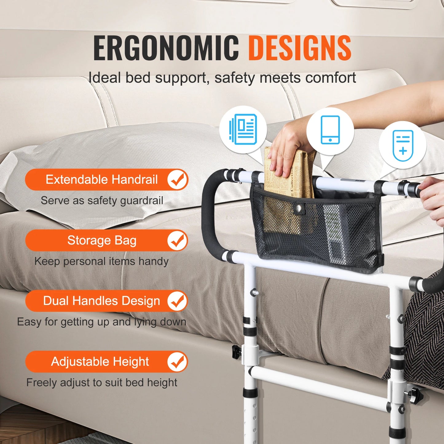 Foldable Bed Assist Rails Cane with Adjustable Handle