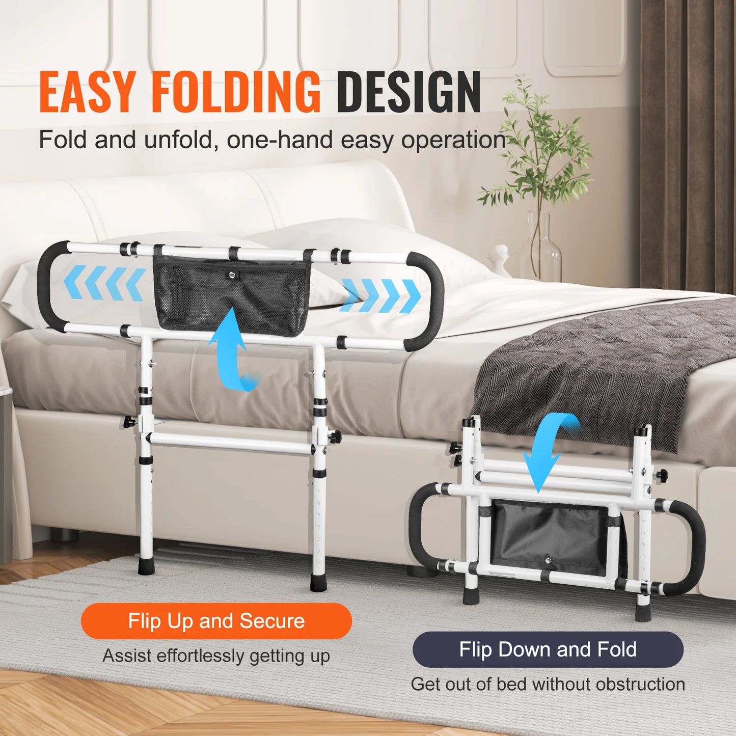 Foldable Bed Assist Rails Cane with Adjustable Handle